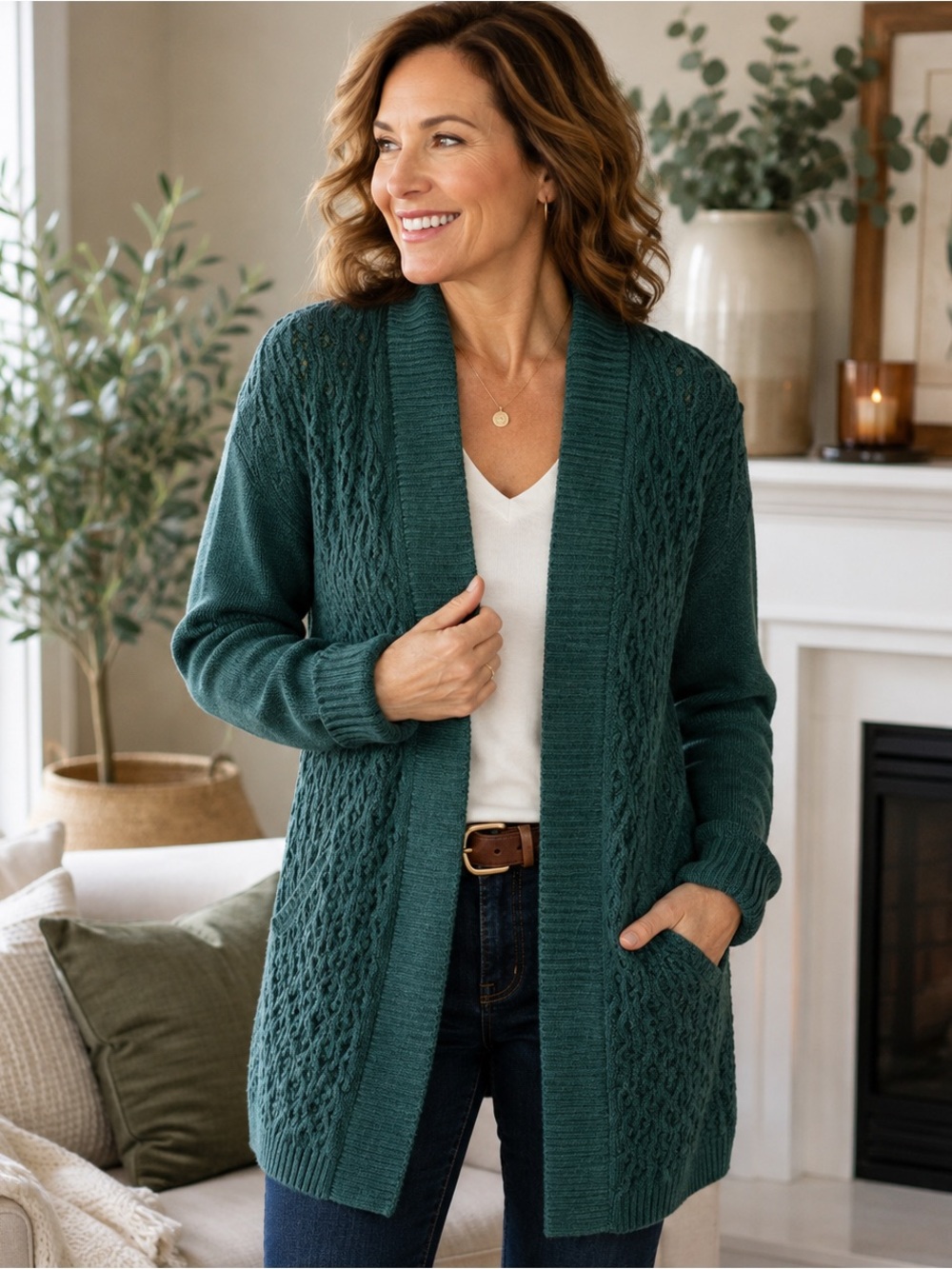Talbots Womens MP Dark Teal Open Front Cardigan Cotton Cashmere Blend Cable Knit